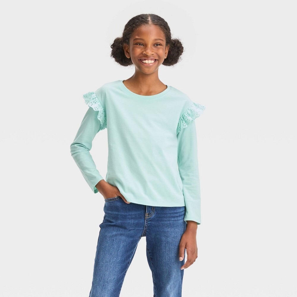 Cat & Jack Girls Long Sleeve Eyelet T-Shirt Mint Green‎ Size M (8) NEW